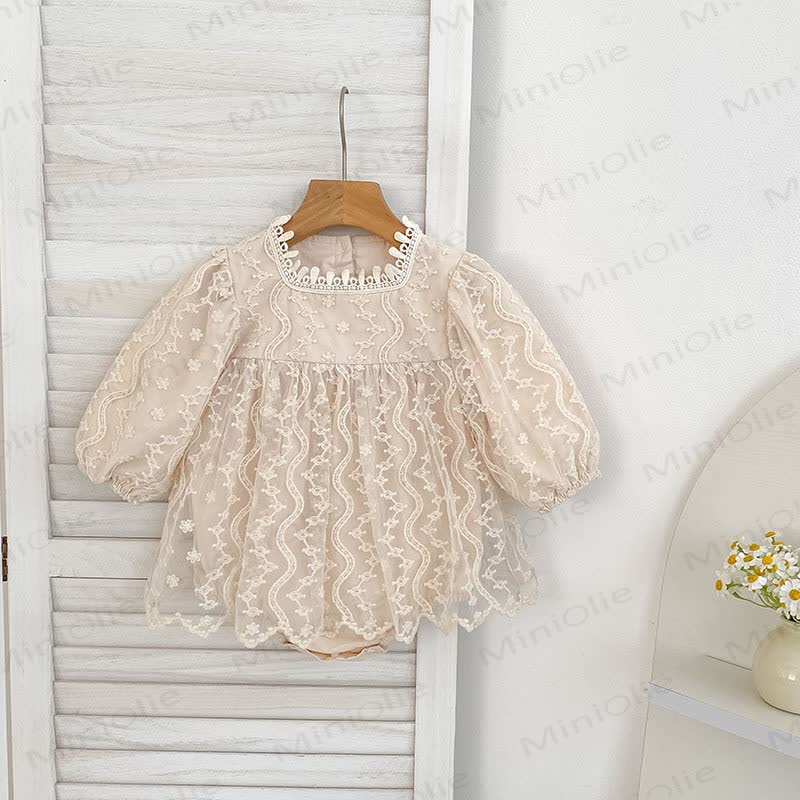 Baby Toddler Girl Mesh Lace Dress/ Bodysuit - Beige Bodysuit - 8Y - image 5