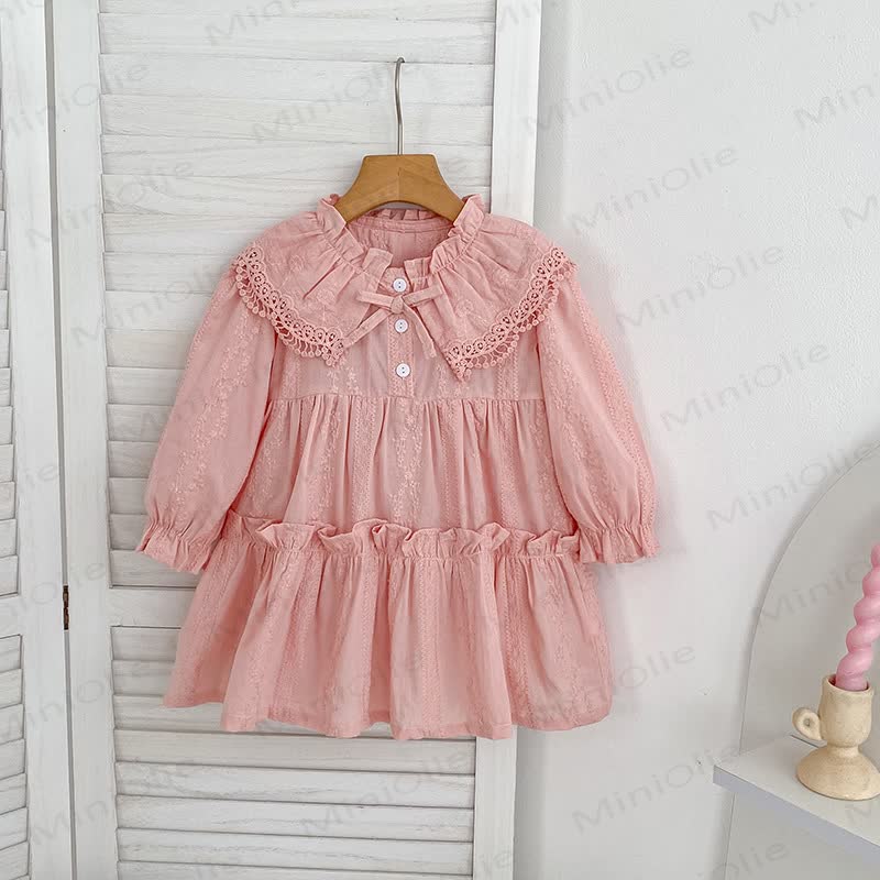 Toddler Girl Bow Lace Collar Long Sleeve Dress - Pink - 6-7T - image 1