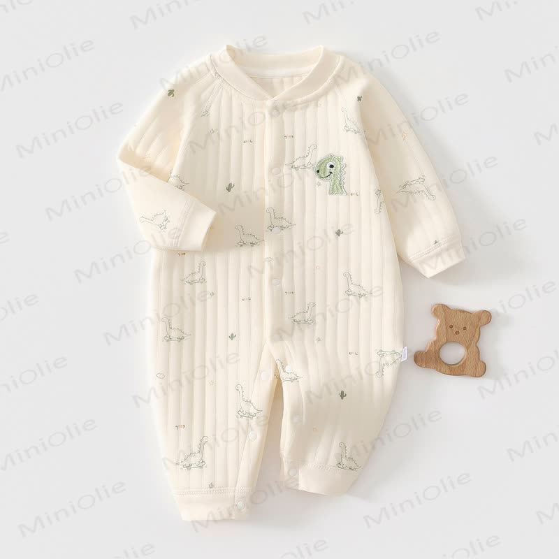 Baby Dinosaur Print Newborn Quilted Pajamas Romper  - Beige - 18-24M - image 1