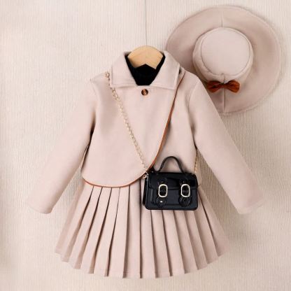 Toddler Kid Lapel Solid Color Pleated Dress - Beige - 7Y - image 3