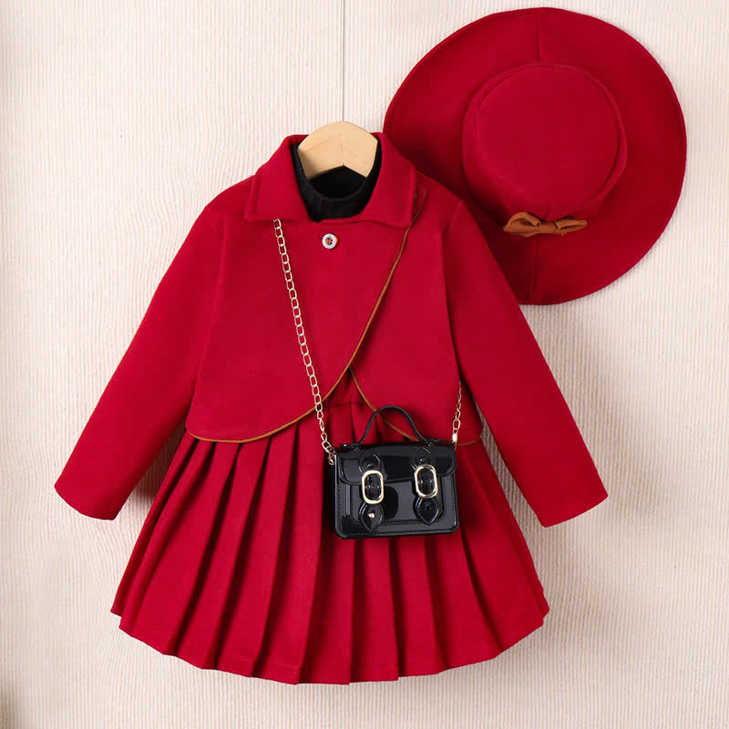 Toddler Kid Lapel Solid Color Pleated Dress - Red - 7Y - image 1