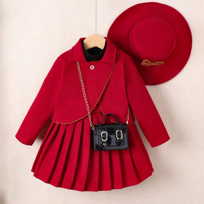 Toddler Kid Lapel Solid Color Pleated Dress - Red - 7Y - image 1