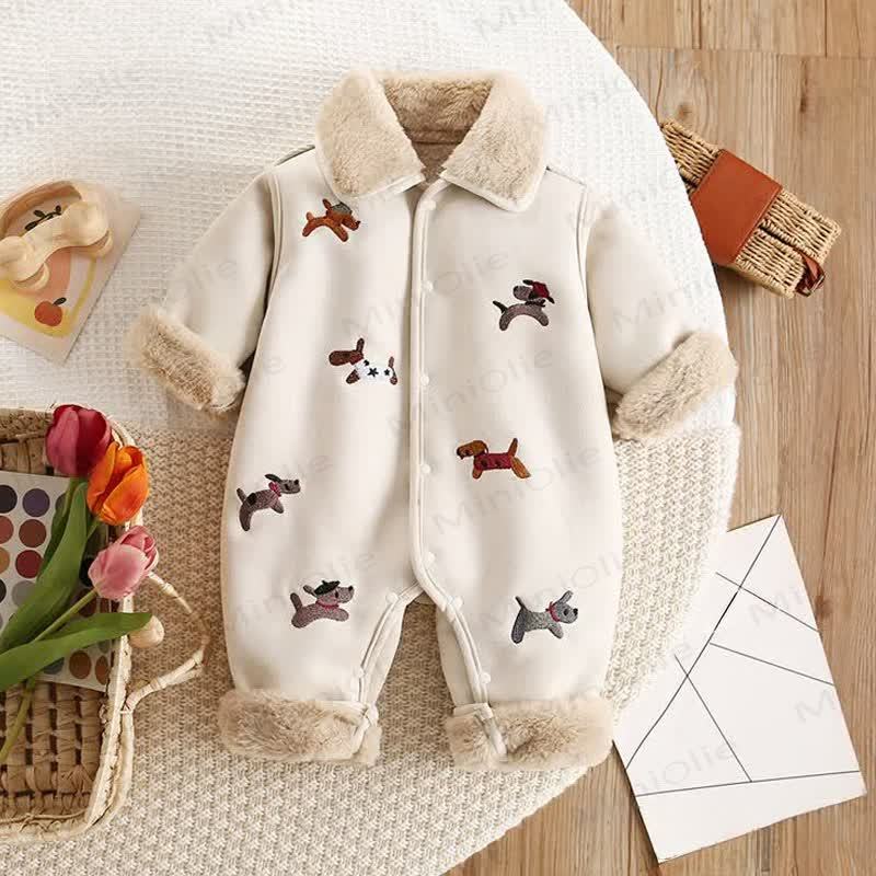 Baby Dachshund Cartoon Embroidered Fleece Romper - Beige - 18-24M - image 1
