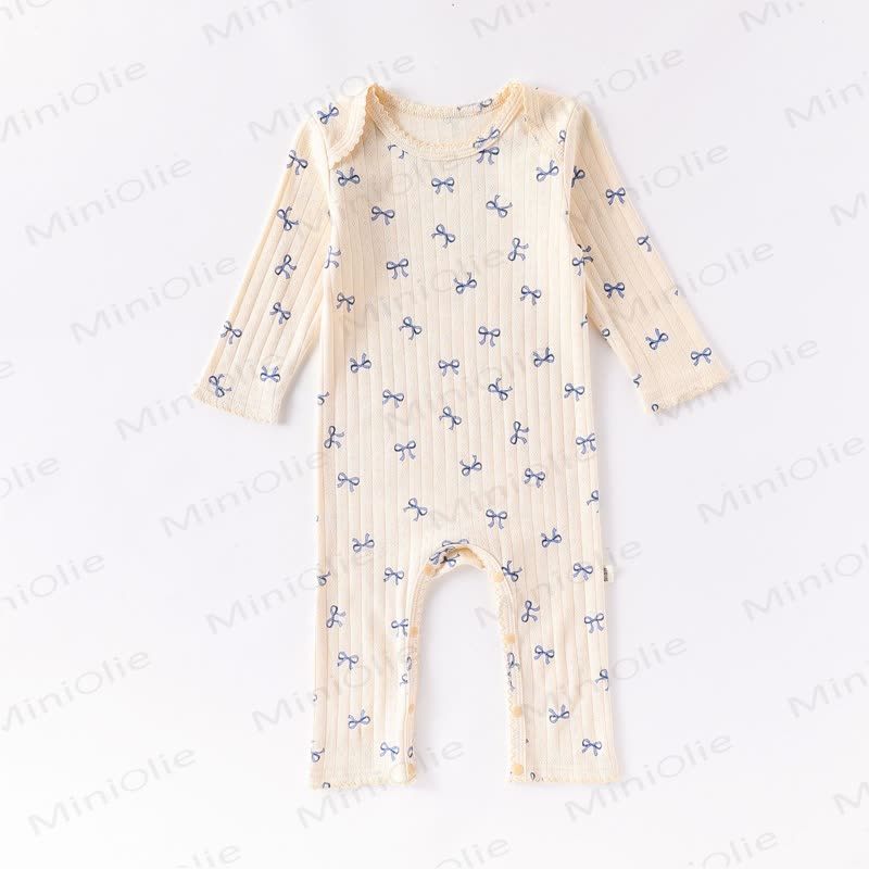 Baby Ribbed Heart Bow Print Long Sleeve Romper - Beige Bow - 18-24M - image 3
