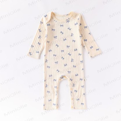 Baby Ribbed Heart Bow Print Long Sleeve Romper - Beige Bow - 18-24M - image 3