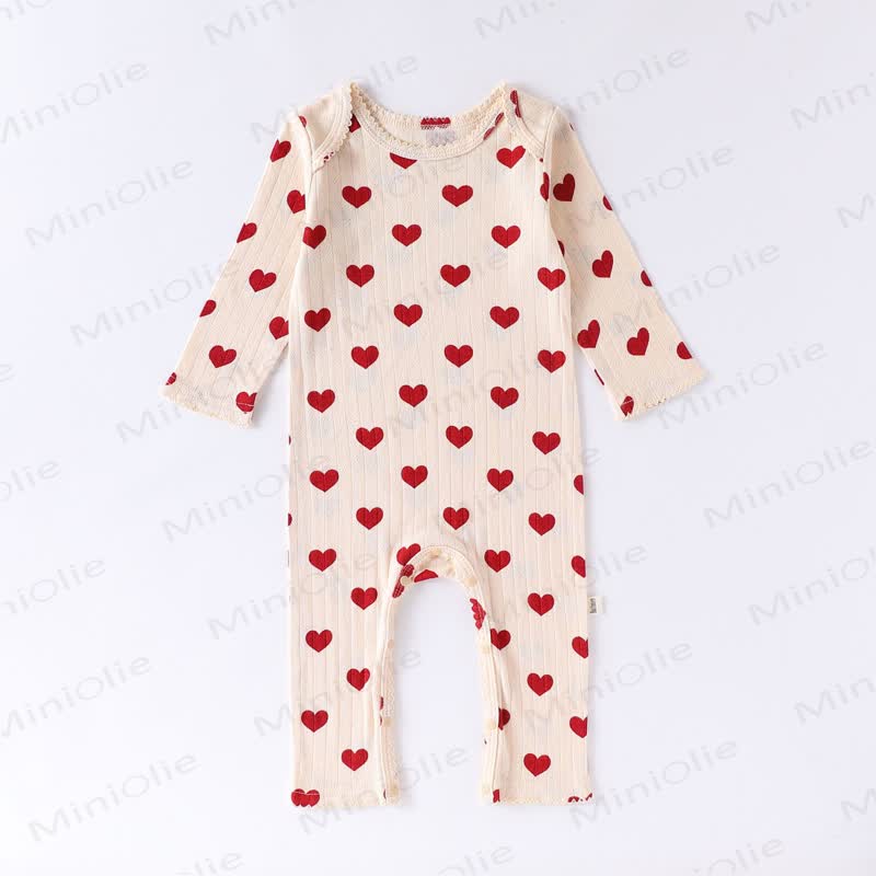 Baby Ribbed Heart Bow Print Long Sleeve Romper - Beige Heart - 18-24M - image 4