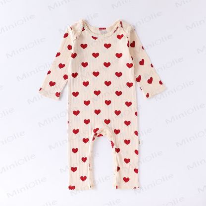 Baby Ribbed Heart Bow Print Long Sleeve Romper - Beige Heart - 18-24M - image 4
