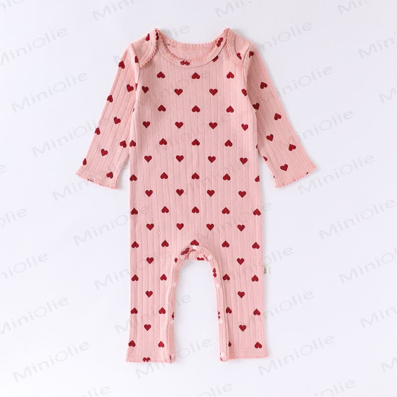 Baby Ribbed Heart Bow Print Long Sleeve Romper - Pink - 18-24M - image 5
