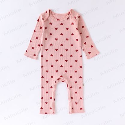 Baby Ribbed Heart Bow Print Long Sleeve Romper - Pink - 18-24M - image 5