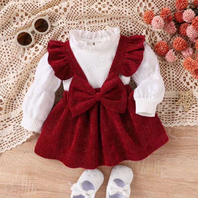 Baby Girl Bow Flying Sleeves Dress - Red - 12-24M - image 1