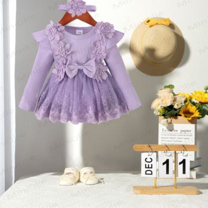 Baby Girl Bow Flower Flying Sleeves Lace Romper Dress - image 3