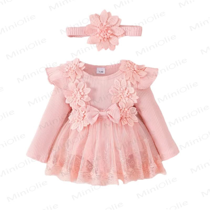 Baby Girl Bow Flower Flying Sleeves Lace Romper Dress - Pink - 12-18M - image 7