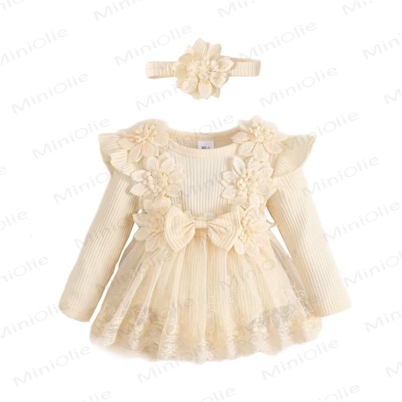 Baby Girl Bow Flower Flying Sleeves Lace Romper Dress - Beige - 12-18M - image 11