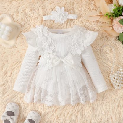 Baby Girl Bow Flower Flying Sleeves Lace Romper Dress - image 8
