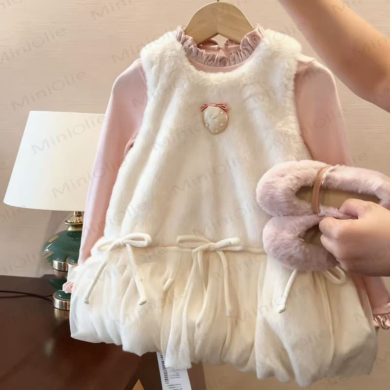 Toddler Girl Fleece Lined Strawberry Bow Fur Dress/ Pink Top - image 2