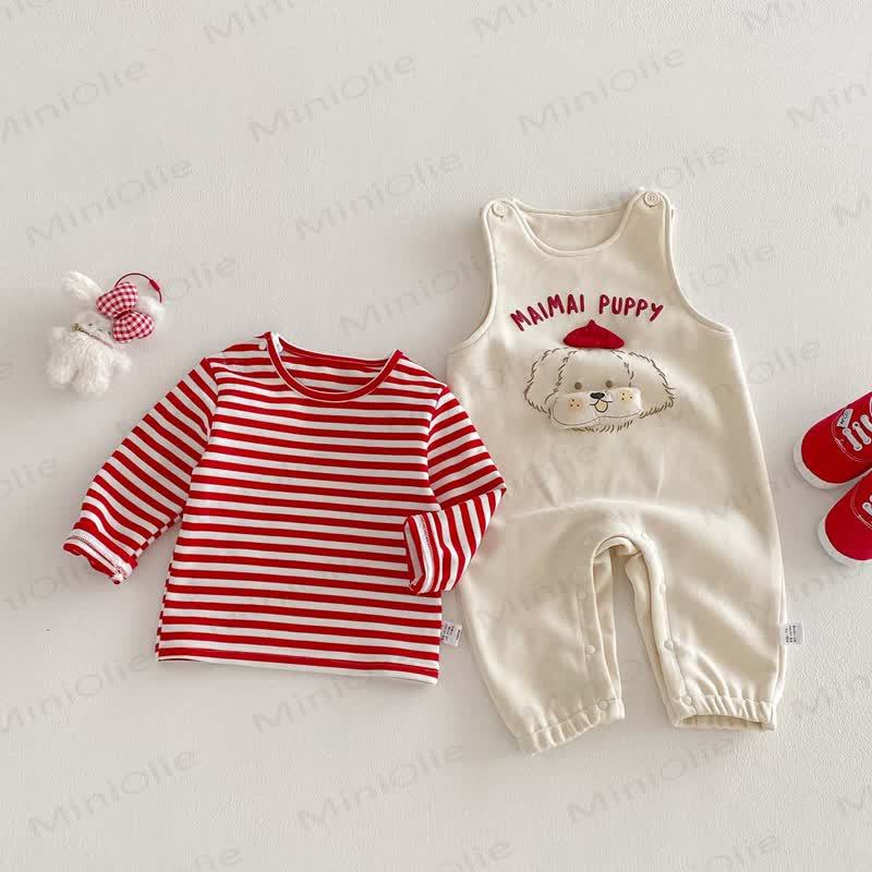MAIMAI PUPPY Baby Girl White Overalls & Red White Stripe Top - image 4