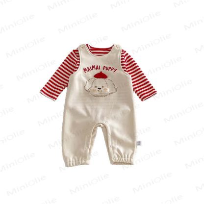 MAIMAI PUPPY Baby Girl White Overalls & Red White Stripe Top - image 5