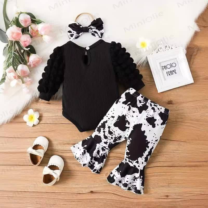 Baby Girl Puff Sleeve Bodysuit & Pants With A Bow - Black - 18-24M - image 1