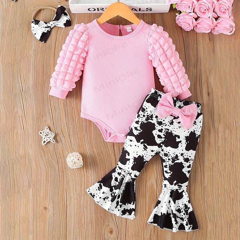 Baby Girl Puff Sleeve Bodysuit & Pants With A Bow - Pink - 18-24M - image 3