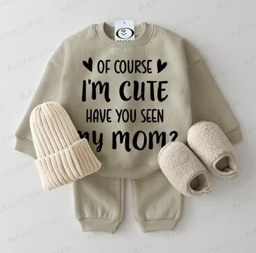 OF COURSE I'M CUTE HAVE YOU SEEN MY MOM? Baby Sweatshirt Grey Green 2-piece Set - Grey Green - 2-3T - image 1