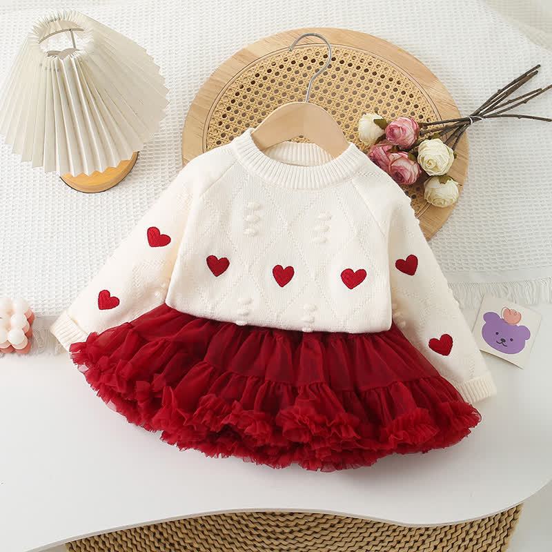 Toddler Girl Embroidered Love Knit Sweater Or Tutu Skirt - Beige Sweater & Red Tutu Skirt - 8Y - image 5