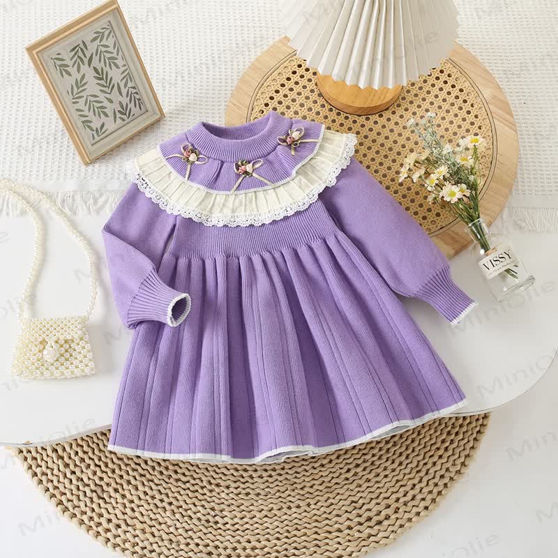 Toddler Girl Flower Double-layer Crew Neck Knit Dress - Purple - 8Y - image 4
