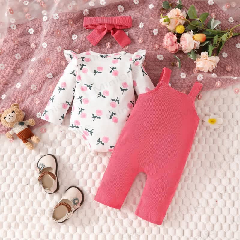 Baby Girl Flower Flying sleeves Bodysuit & Bear Bow Cord Overalls - image 3
