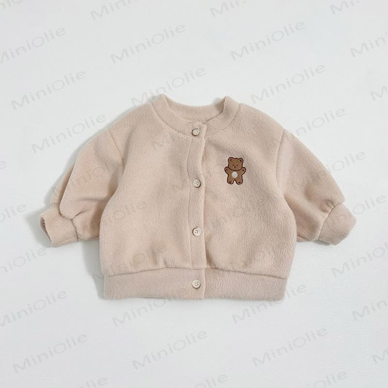 Baby Cartoon Bear Embroidered Solid Color Fleece Warm Outerwear - Beige - 2-3T - image 4