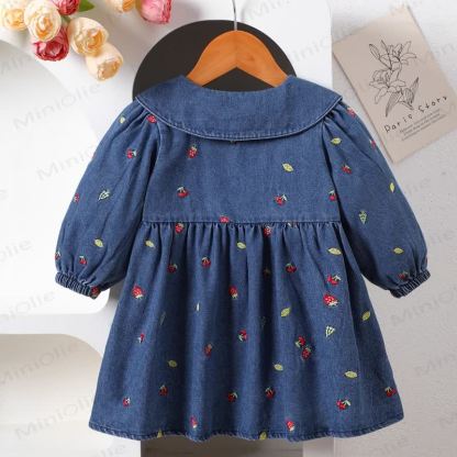 Baby Toddler Girl Embroidered Strawberry Cherry Denim Dress - image 3