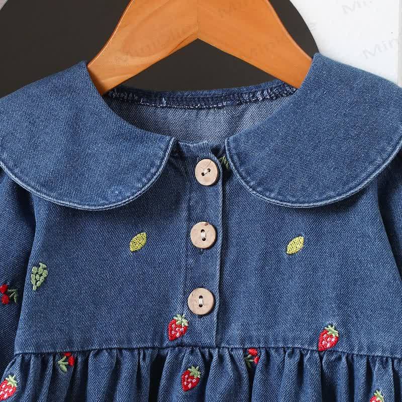 Baby Toddler Girl Embroidered Strawberry Cherry Denim Dress - image 4