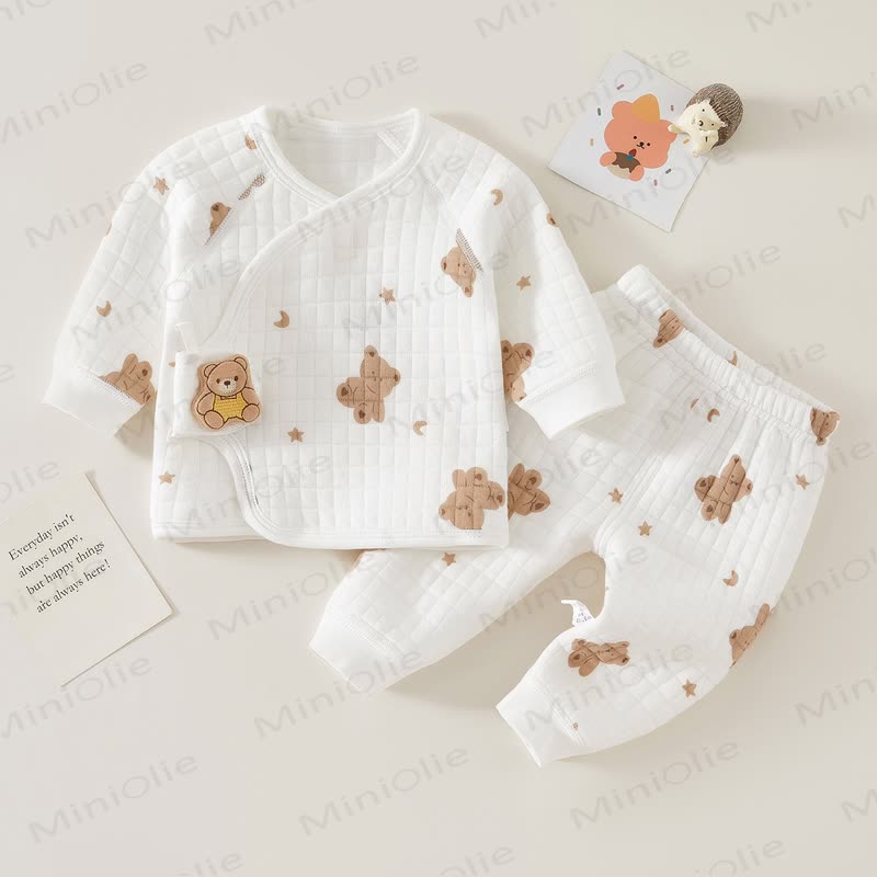 Baby Bear Print Pajamas Warm 2 Pieces Set - White - 3-6M - image 1
