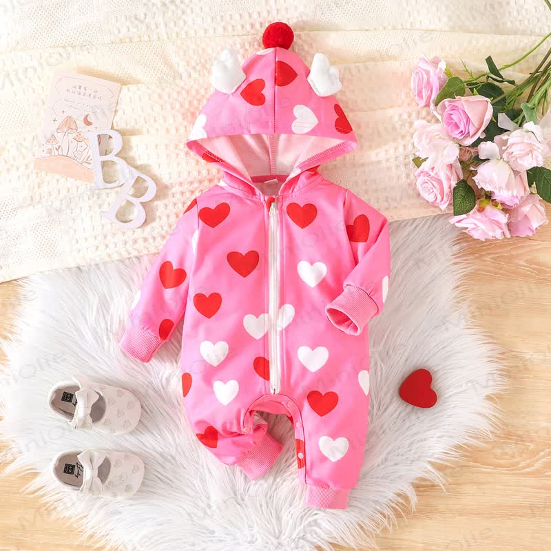 Baby Heart Print Hooded Warm Romper - Pink - 12-18M - image 1