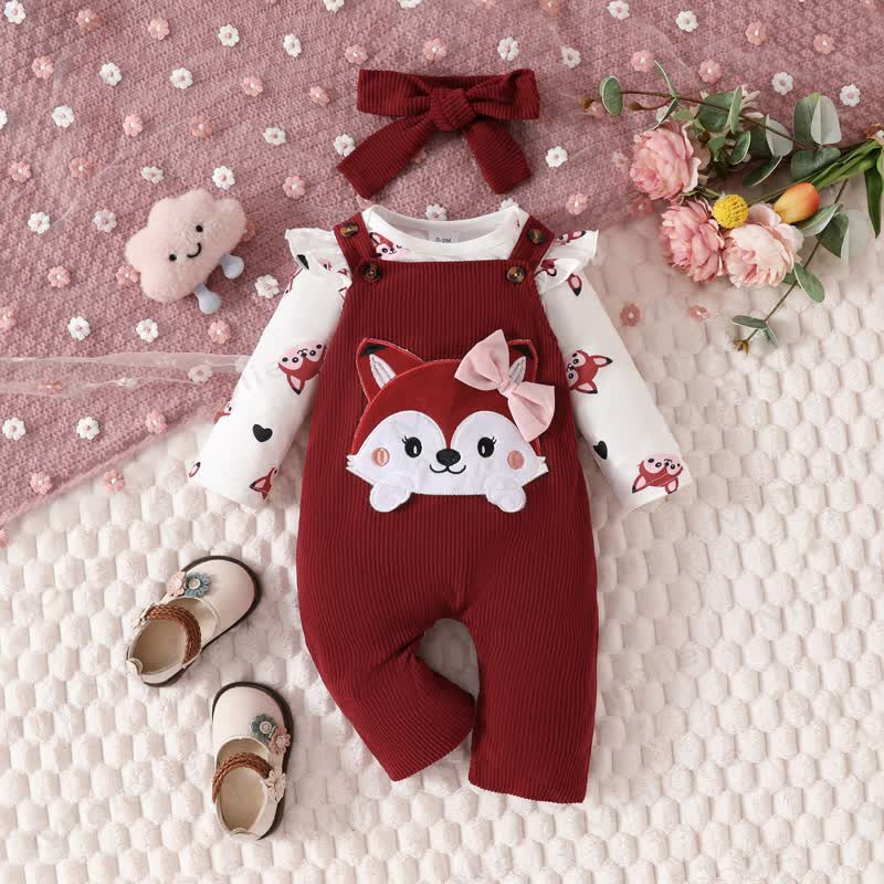 Baby Girl Cord Love Flying Sleeves Fox Bodysuit & Bow Overalls With A Bow - Red - 12-18M - image 1