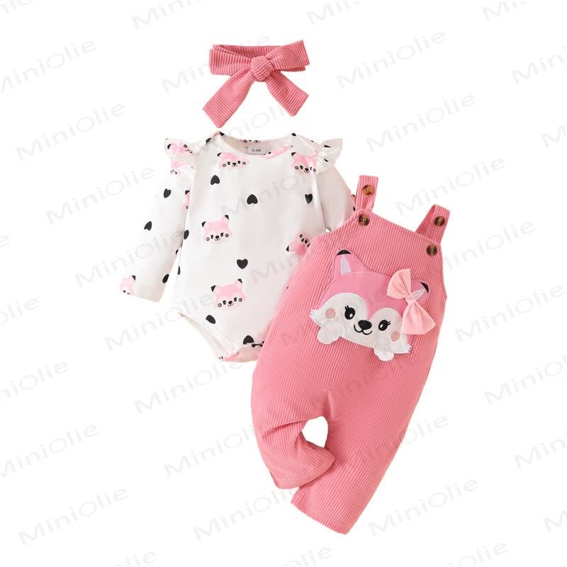 Baby Girl Cord Love Flying Sleeves Fox Bodysuit & Bow Overalls With A Bow - image 7