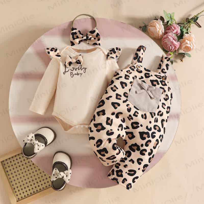 LOVELY BABY Baby Girl Leopard Print Bodysuit & Bow Overalls - Beige - 12-18M - image 1