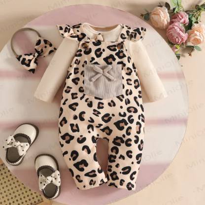 LOVELY BABY Baby Girl Leopard Print Bodysuit & Bow Overalls - image 3