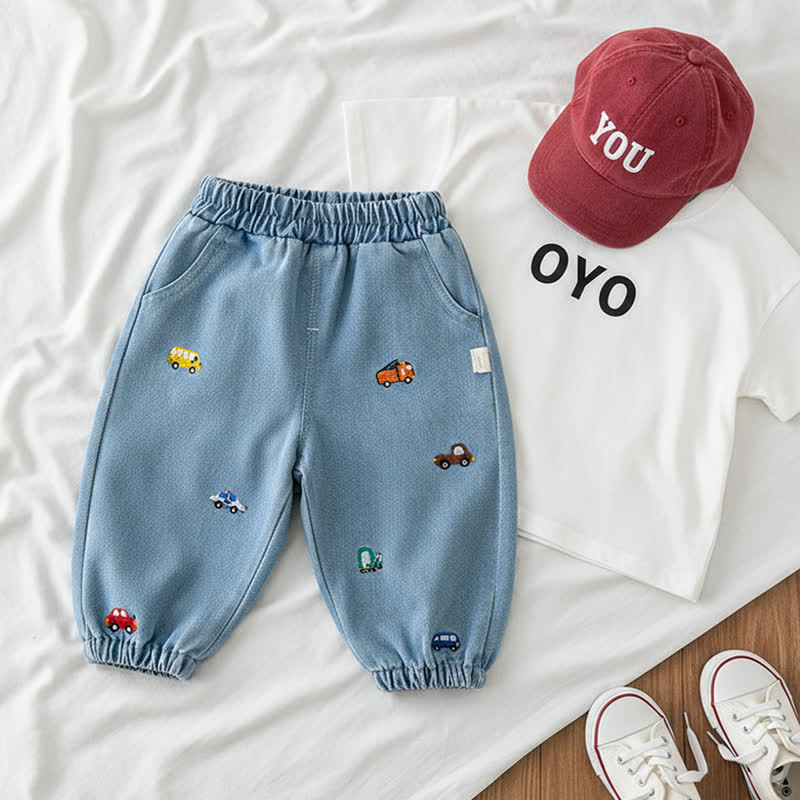 Baby Toddler Boy Embroidered Car Denim Jogger Pants - image 2