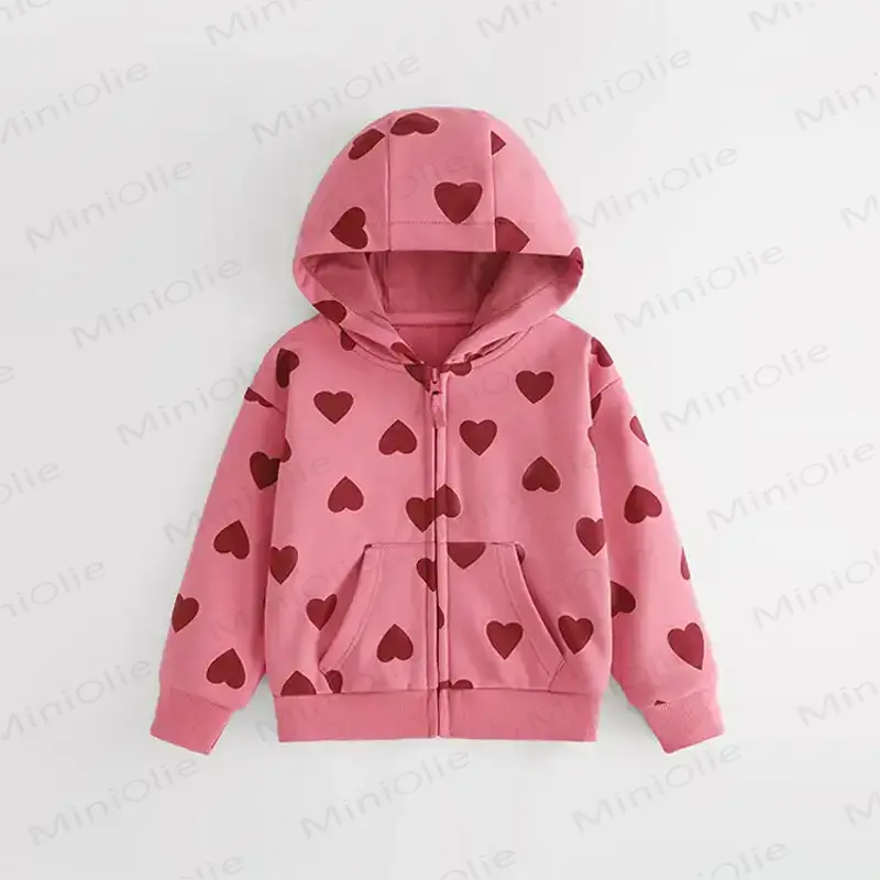 Toddler Girls Heart Print Pink Hooded Outerwear - Pink - 12Y - image 1