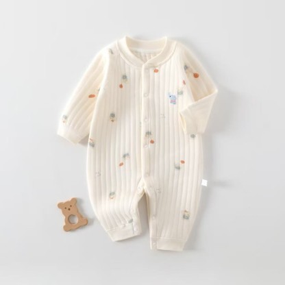 Baby Cartoon Elephant Print Quilted Newborn Pajamas Romper - Beige - 18-24M - image 1