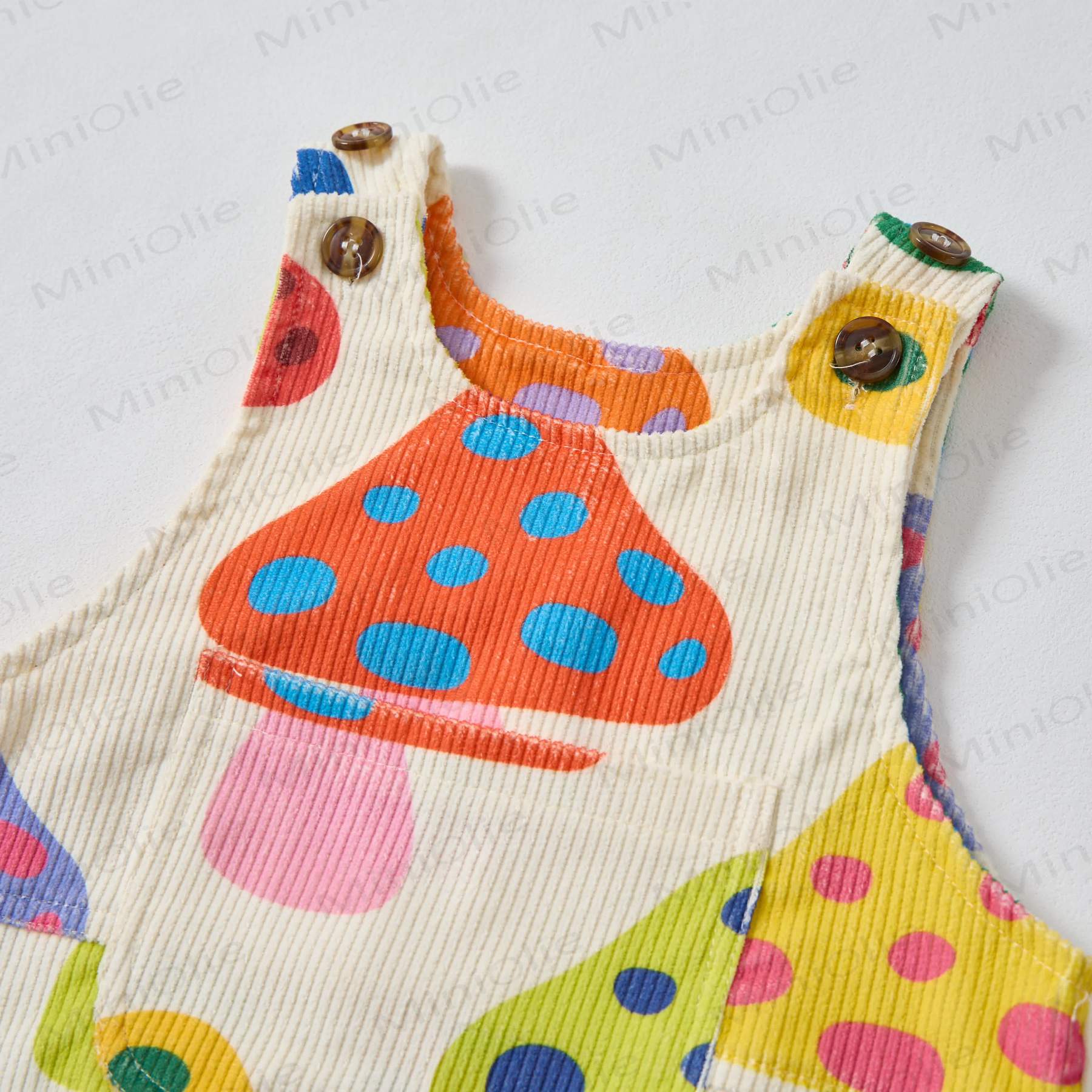 Baby Toddler Colorful Mushroom Beige Corduroy Overalls  - image 3
