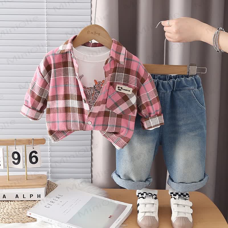 Baby Toddler Boy Dog Plaid Denim 2-piece Set - Pink - 5-7T - image 4