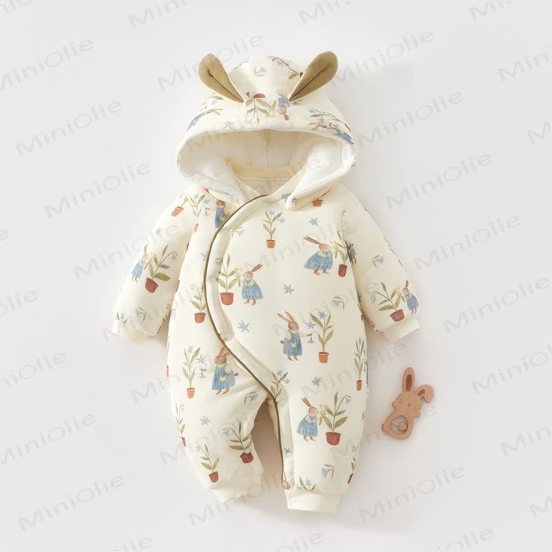 Baby Animal Fleece Lined Quilted Hooded Romper - Blue Bunny - 12-18M - image 3