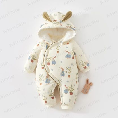 Baby Animal Fleece Lined Quilted Hooded Romper - Blue Bunny - 12-18M - image 3