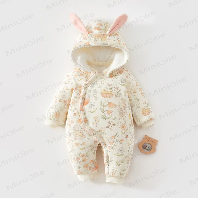 Baby Animal Fleece Lined Quilted Hooded Romper - Pink Bunny - 12-18M - image 1