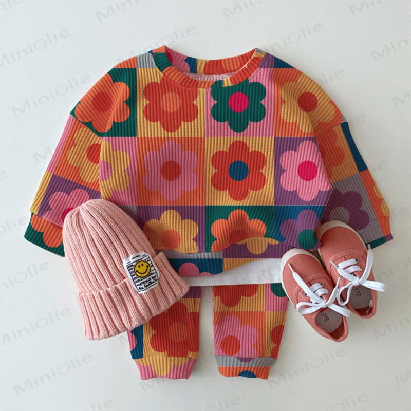 Baby Waffle Colorful Plaid Flower Sweatshirt 2-piece Pink Set - Pink - 3-5T - image 1