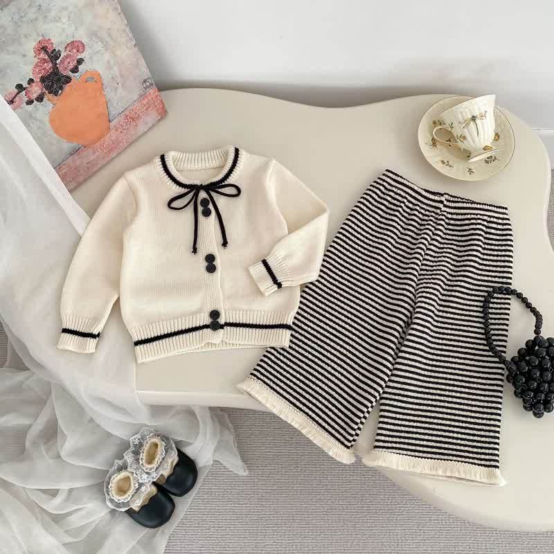 Baby Toddler Girl Knit Bow Cardigan/Black Pants/Stripe Pants - image 2