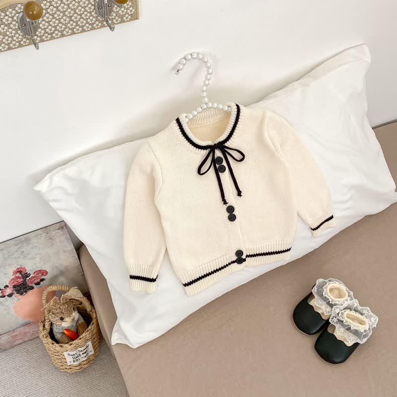 Baby Toddler Girl Knit Bow Cardigan/Black Pants/Stripe Pants - image 4