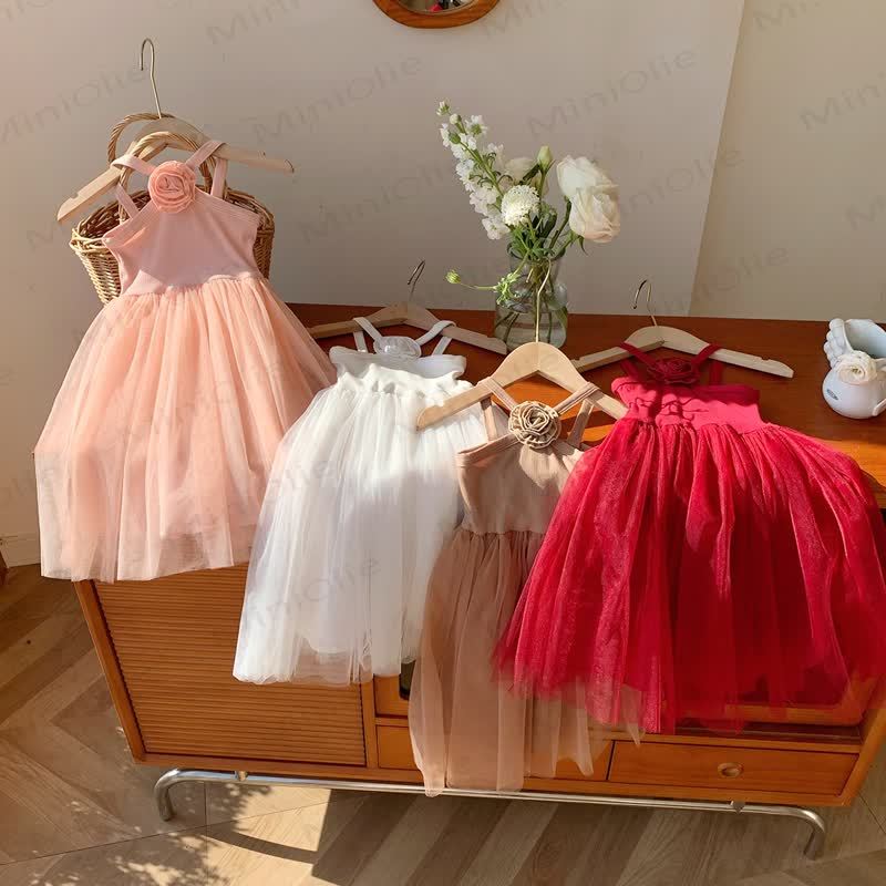 Toddler Girl Flower Mesh Solid Color Dress - image 3