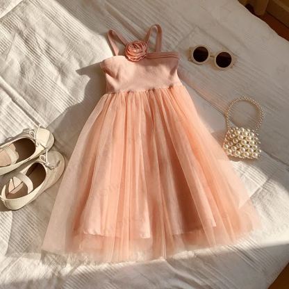 Toddler Girl Flower Mesh Solid Color Dress - Pink - 5-7T - image 5