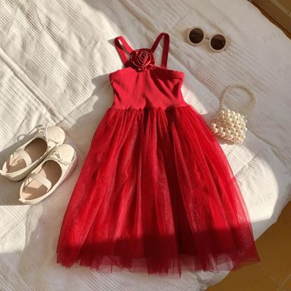 Toddler Girl Flower Mesh Solid Color Dress - Red - 5-7T - image 8